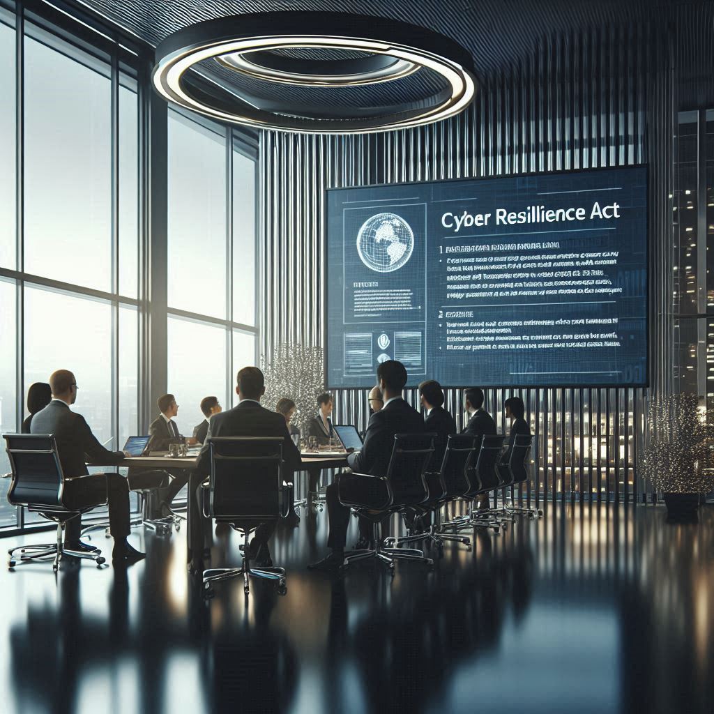 FAQs A cyber resilience act is being discussed in a meeting room. The room is well-lit with natural light coming in from the windows. The people in the room are discussing the act and looking at a presentation on a screen. The room is modern and professional with a sleek design. There are no words or text visible in the room.